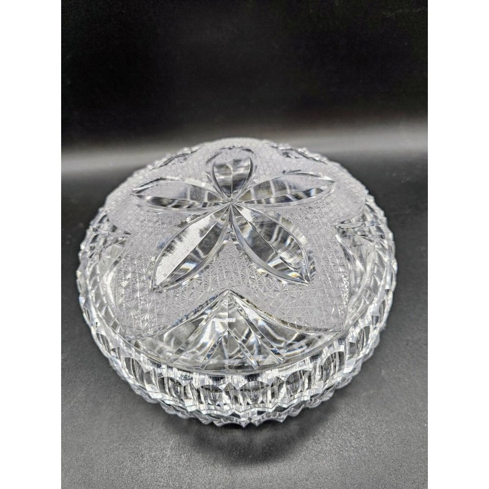 Gorgeous Cut Crystal Large Round Crystal Box /Candy/ Vanity Piece Flower Vintage